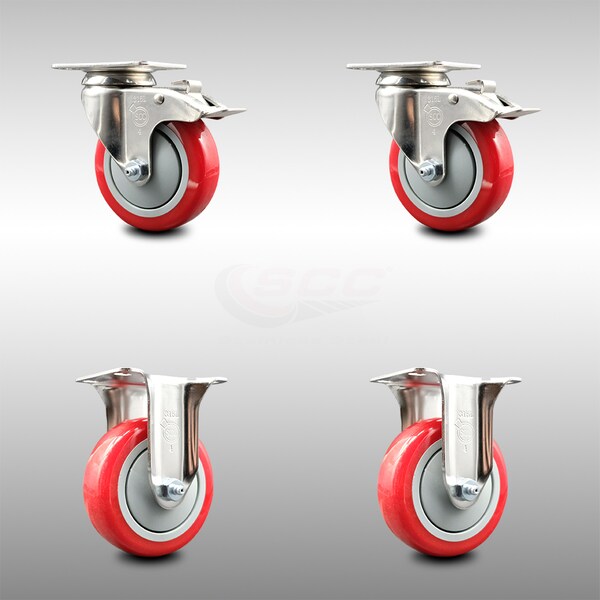 Service Caster 4 Inch 316SS Red Polyurethane Swivel Top Plate Caster Lock Brake 2 Rigid, 2PK SCC-SS316TTL20S414-PPUB-RED-2-R-2 - main
